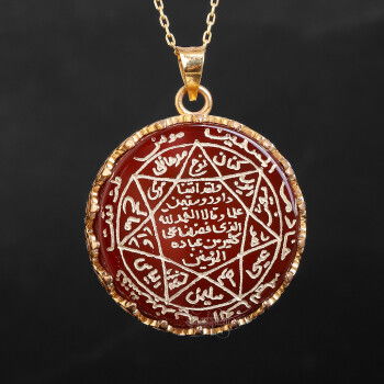 14 Ayar Altın Mührü Süleyman Akik Taşı El İşçiliği Kolye - 1