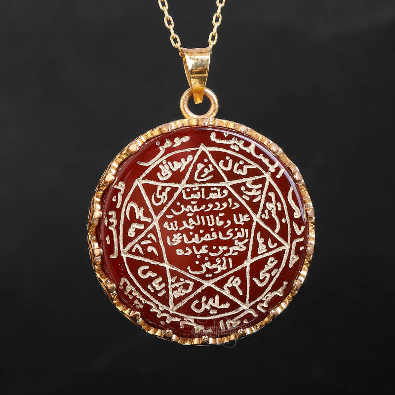 14 Ayar Altın Mührü Süleyman Akik Taşı El İşçiliği Kolye - 1