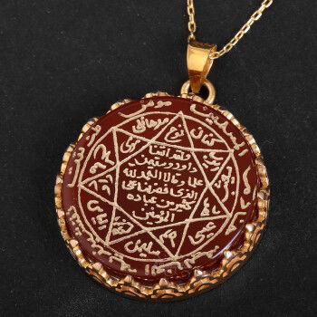 14 Ayar Altın Mührü Süleyman Akik Taşı El İşçiliği Kolye - 3