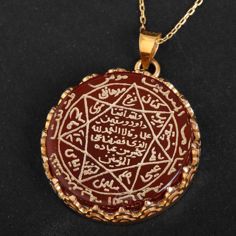 14 Ayar Altın Mührü Süleyman Akik Taşı El İşçiliği Kolye - 3