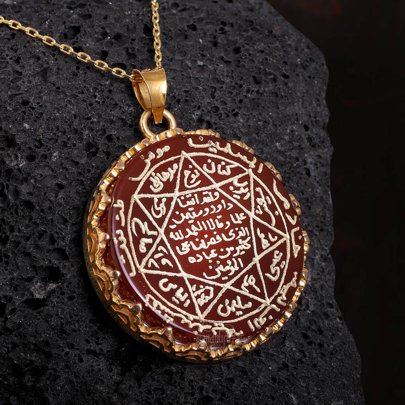 14 Ayar Altın Mührü Süleyman Akik Taşı El İşçiliği Kolye - 5