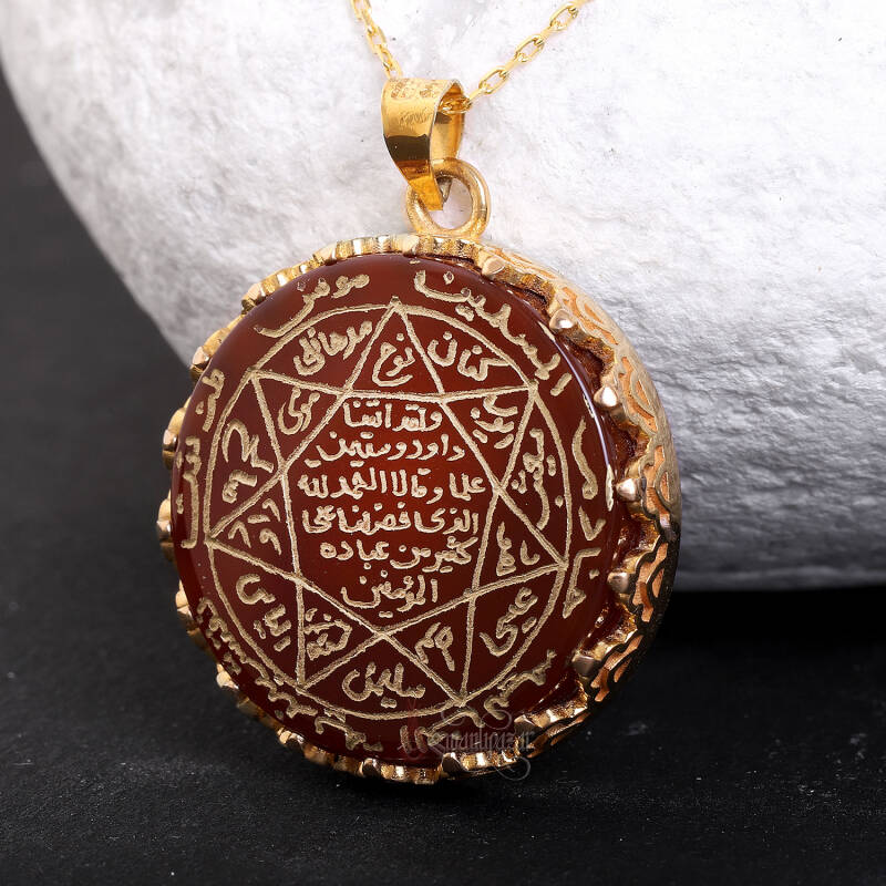 14 Ayar Altın Mührü Süleyman Akik Taşı El İşçiliği Kolye - 2