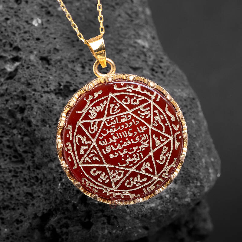 14 Ayar Altın Mührü Süleyman Akik Taşı El İşçiliği Kolye - 6