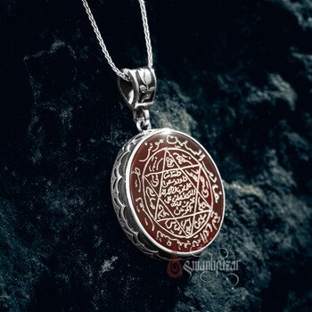 Akik Taşı Süleyman Mührü 925 Ayar Gümüş Sade Model Kolye - Thumbnail