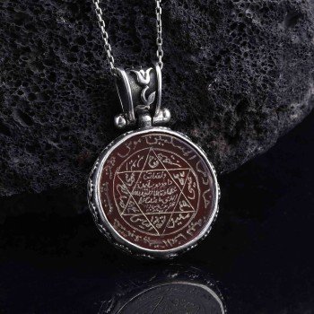 Akik Taşı Süleyman Mührü El İşçiliği 925 Ayar Gümüş Kolye - Thumbnail