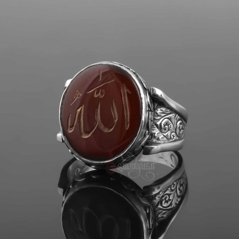Allah (c.c) Yazılı Akik Taşı El İşçiliği 925 Ayar Gümüş Yüzük