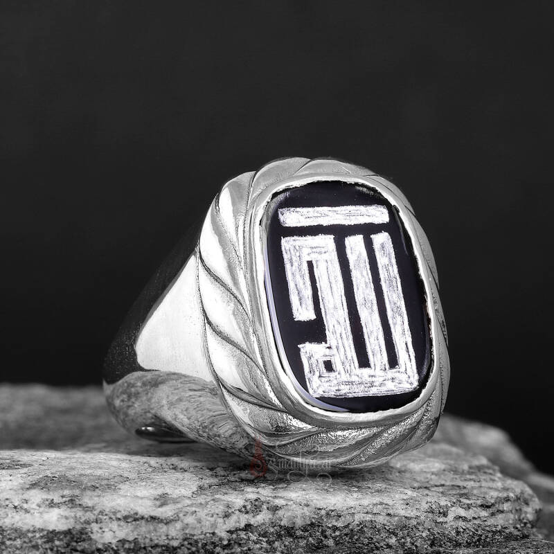 Allah Yazlılı Küfi Sanatı Onix Taşı 925 Ayar Gümüş Yüzük - 3