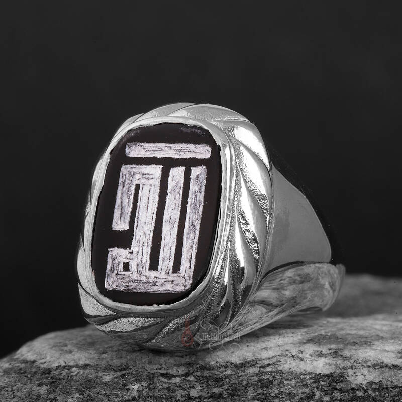 Allah Yazlılı Küfi Sanatı Onix Taşı 925 Ayar Gümüş Yüzük - 1