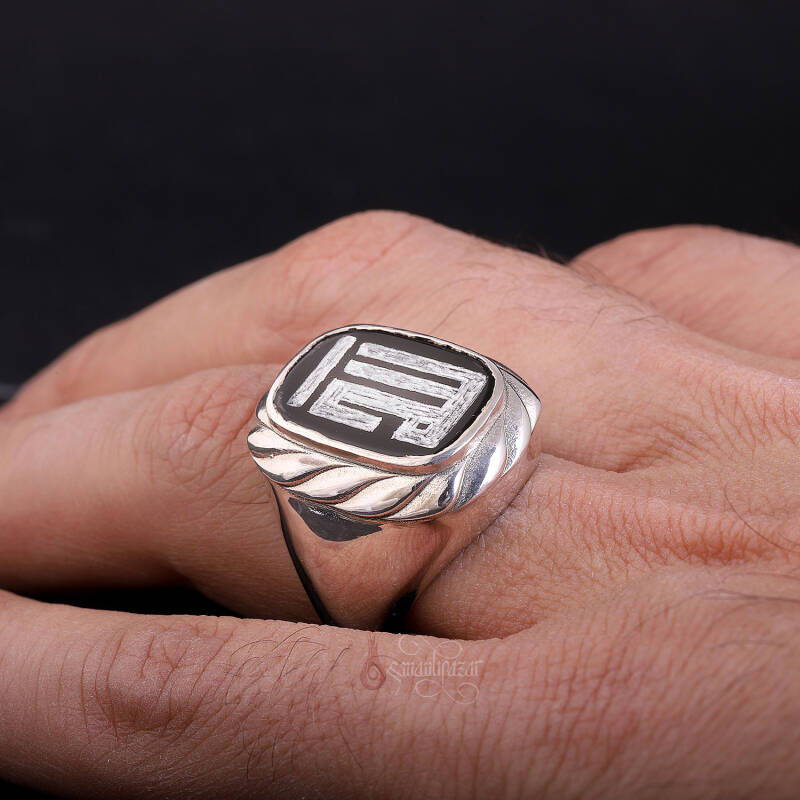 Allah Yazlılı Küfi Sanatı Onix Taşı 925 Ayar Gümüş Yüzük - 4