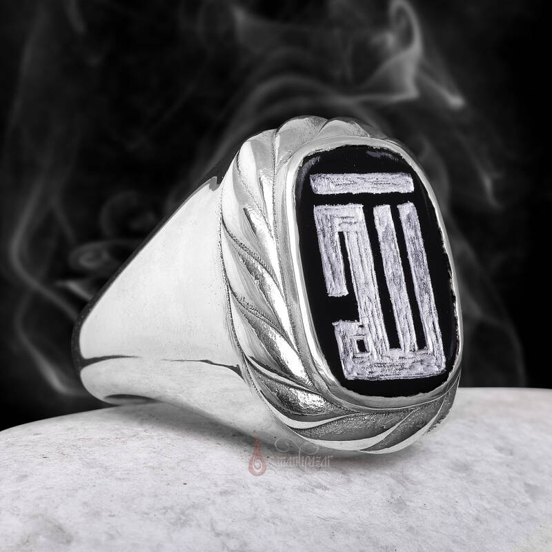 Allah Yazlılı Küfi Sanatı Onix Taşı 925 Ayar Gümüş Yüzük - 2