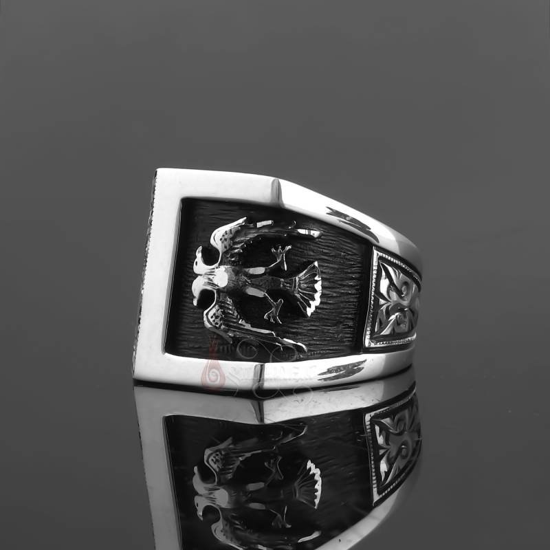 Asimetrik Tasarım Çift Başlı Kartal Motifli Erzurum El İşi Gümüş Erkek Yüzüğü