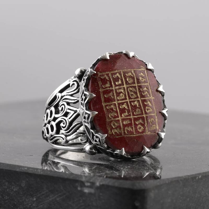 Başarı Vefki Yazılı Doğal Yakut Taşı Gümüş Yüzük - 3