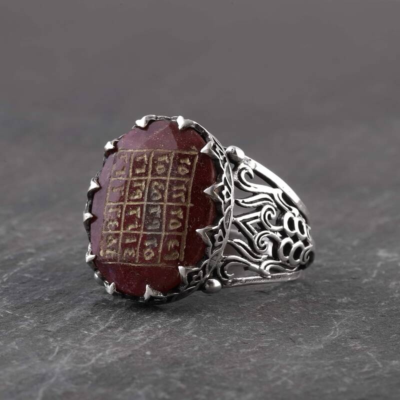 Başarı Vefki Yazılı Doğal Yakut Taşı Gümüş Yüzük - 4