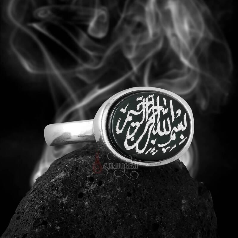 Besmele Şerif El Kazıması Yeşil Akik Taşlı Gümüş Yüzük - 5