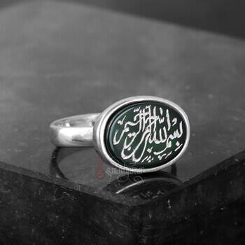 Besmele Şerif El Kazıması Yeşil Akik Taşlı Gümüş Yüzük - 4