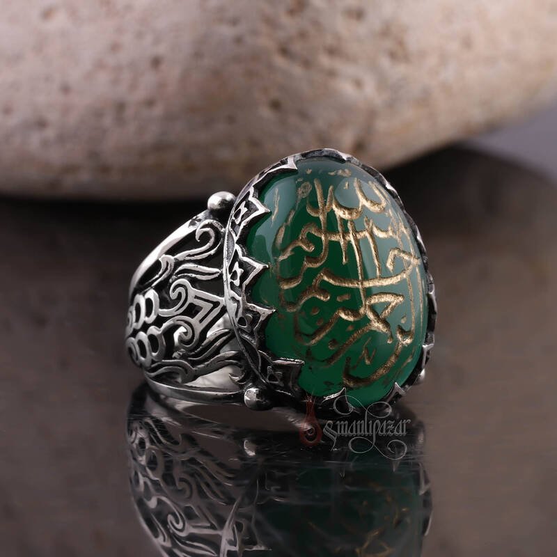 Bismillahirrahmanirrahim El Yazması Yeşil Akik Taşlı Gümüş Yüzük