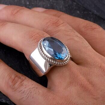 Blue Topaz Taşı 14 Ayar Beyaz Altın Yüzük - 6