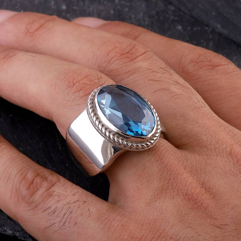 Blue Topaz Taşı 14 Ayar Beyaz Altın Yüzük - 6