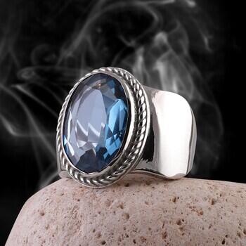 Blue Topaz Taşı 14 Ayar Beyaz Altın Yüzük - 1