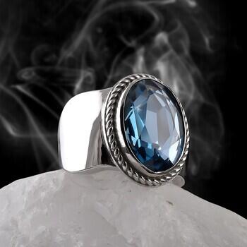 Blue Topaz Taşı 14 Ayar Beyaz Altın Yüzük - 4