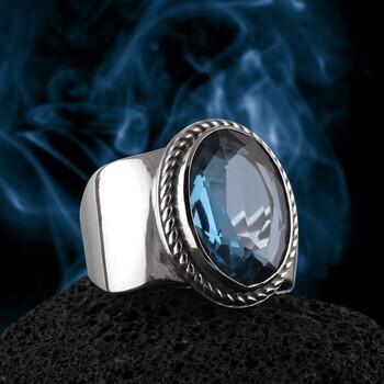 Blue Topaz Taşı 14 Ayar Beyaz Altın Yüzük - 3