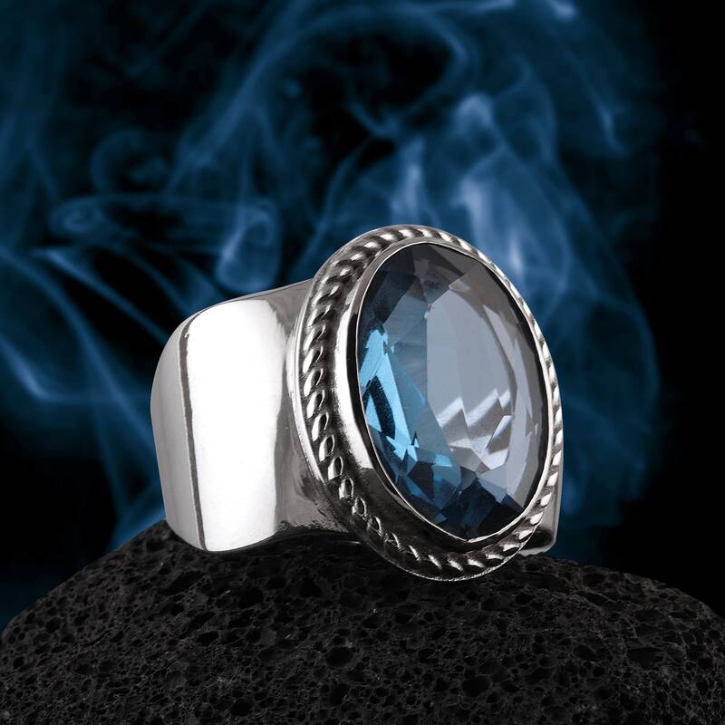 Blue Topaz Taşı 14 Ayar Beyaz Altın Yüzük - 3
