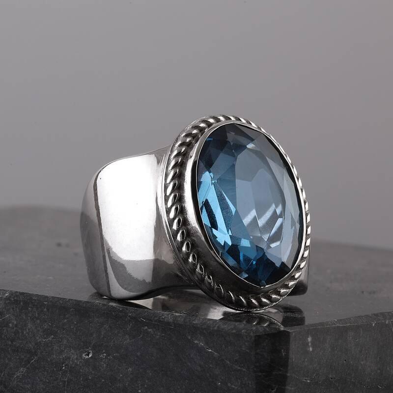 Blue Topaz Taşı 14 Ayar Beyaz Altın Yüzük - 5