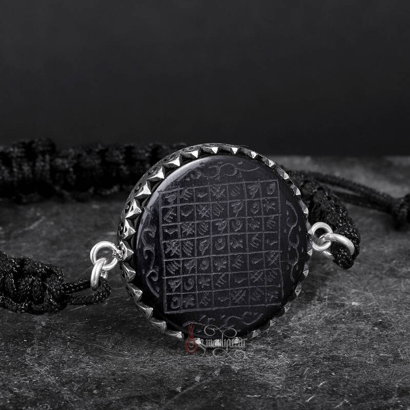 Celcelutiye Yazılı Elde Kazıma Siyah Akik Örgü Gümüş Bileklik - 4