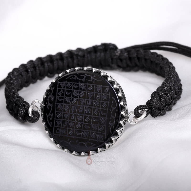 Celcelutiye Yazılı Elde Kazıma Siyah Akik Örgü Gümüş Bileklik - 1