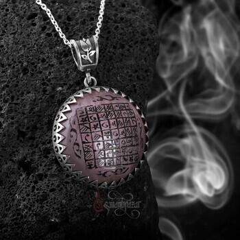 Celcelutiye Yazılı Elde Oyma Sanatı Pembe Kuvars Taşı Gümüş Kolye - 3