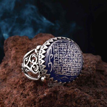 Celcelutiye Yazılı Mavi Akik Taşı 925 Ayar Gümüş El İşçiliği Yüzük - Thumbnail