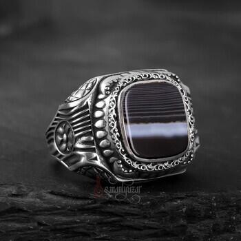 Çizgili Akik Taşı Retro Tasarım 925 Ayar Gümüş Yüzük - 1