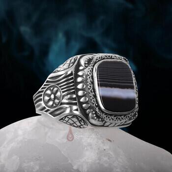 Çizgili Akik Taşı Retro Tasarım 925 Ayar Gümüş Yüzük - 2