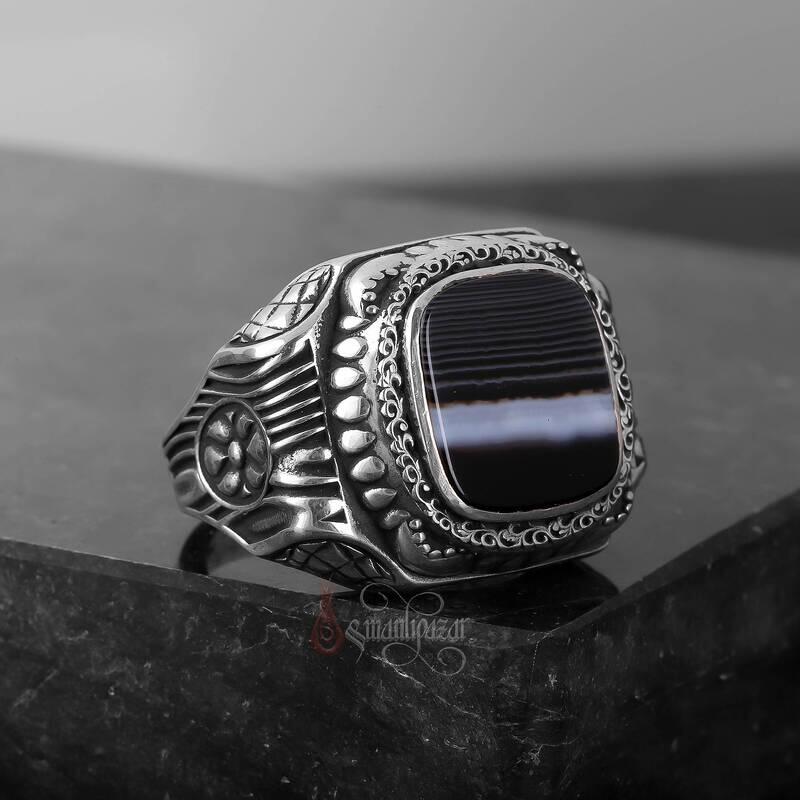 Çizgili Akik Taşı Retro Tasarım 925 Ayar Gümüş Yüzük - 3