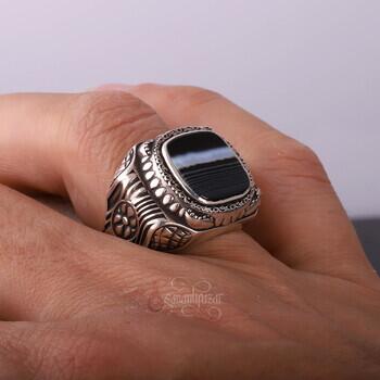 Çizgili Akik Taşı Retro Tasarım 925 Ayar Gümüş Yüzük - 4