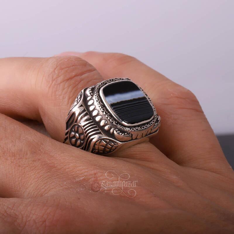 Çizgili Akik Taşı Retro Tasarım 925 Ayar Gümüş Yüzük - 4