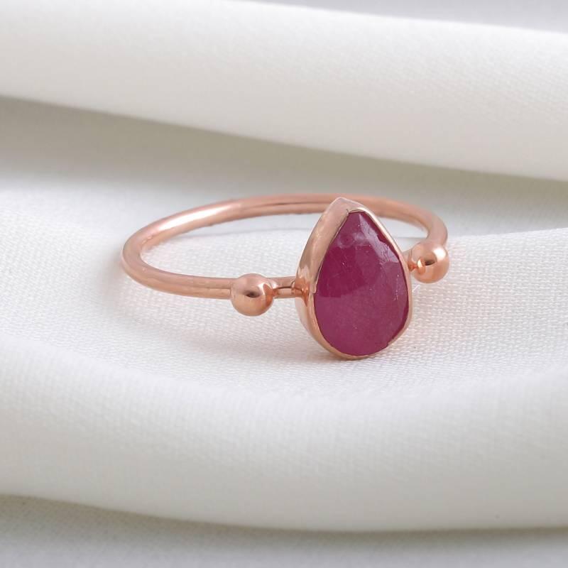 Damla Yakut Taşlı 925 Ayar Gümüş Minimalist Bayan Rose Yüzük - 1