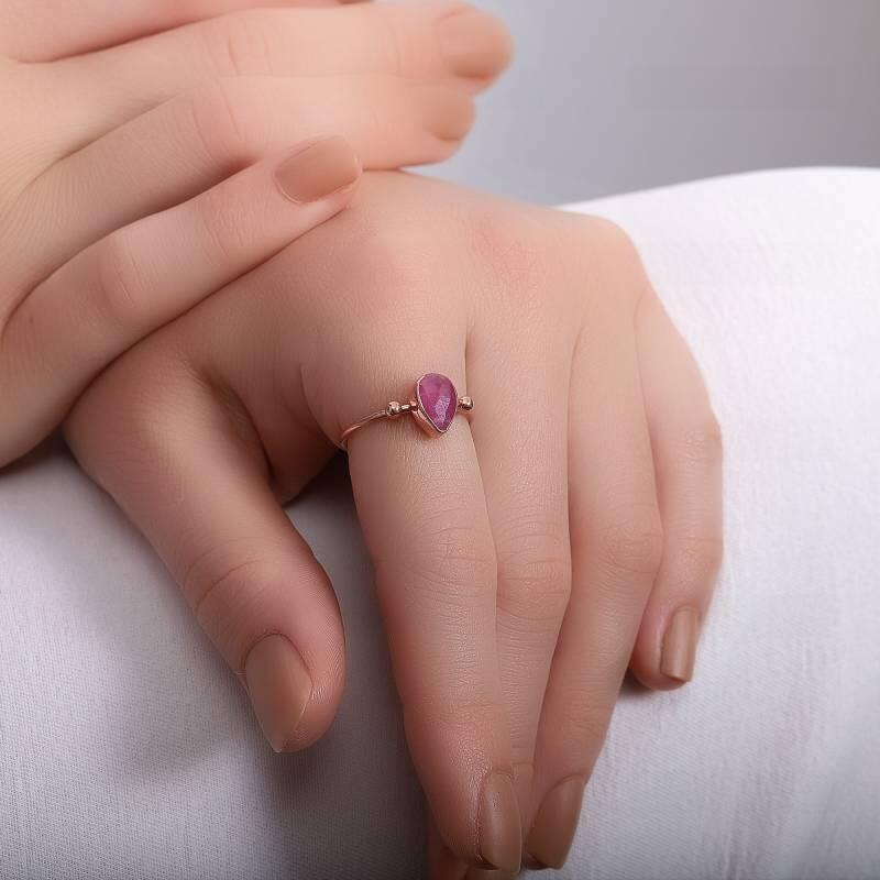 Damla Yakut Taşlı 925 Ayar Gümüş Minimalist Bayan Rose Yüzük - 2