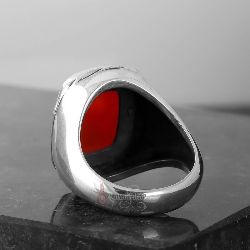 Doğal Akik Taşı Burgu Motifli Şık Gümüş Yüzük - 5