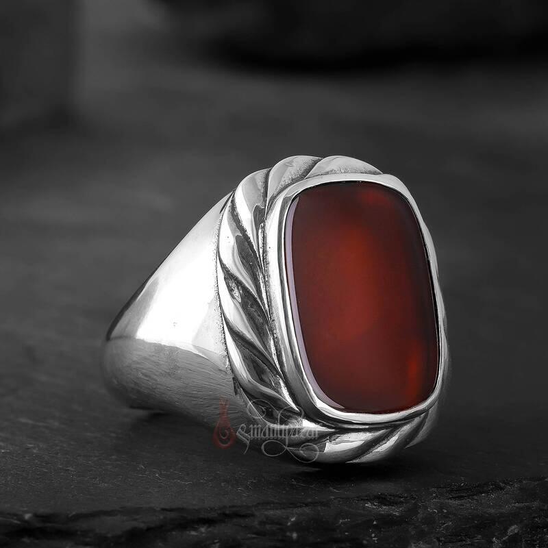 Doğal Akik Taşı Burgu Motifli Şık Gümüş Yüzük - 2