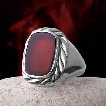 Doğal Akik Taşı Burgu Motifli Şık Gümüş Yüzük - 1