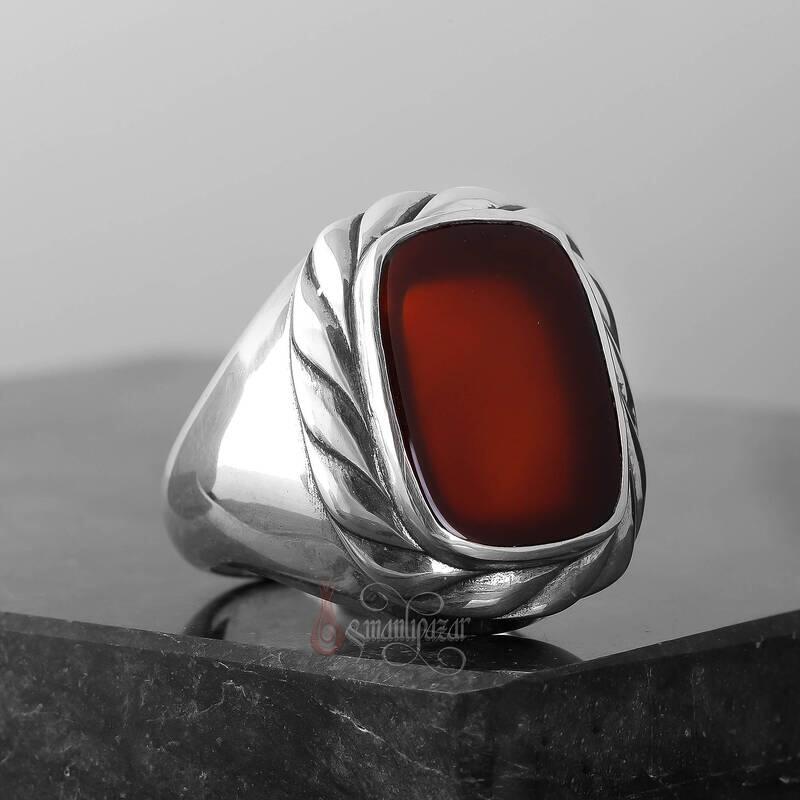 Doğal Akik Taşı Burgu Motifli Şık Gümüş Yüzük - 3