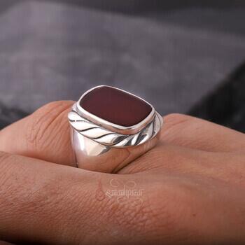 Doğal Akik Taşı Burgu Motifli Şık Gümüş Yüzük - 4