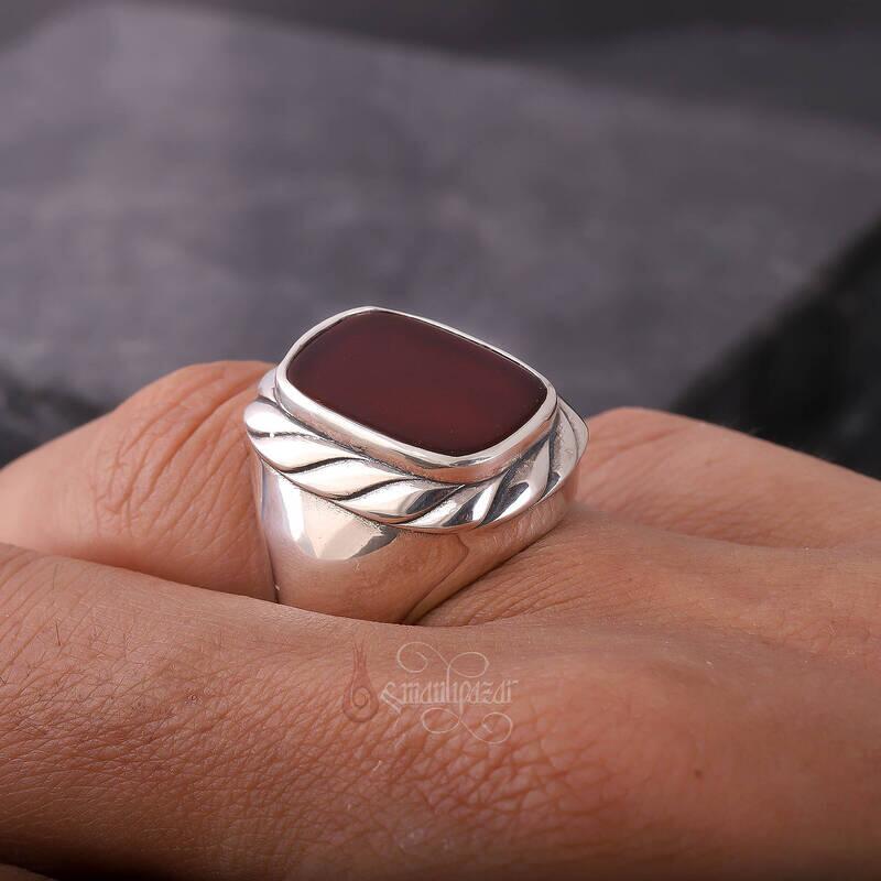 Doğal Akik Taşı Burgu Motifli Şık Gümüş Yüzük - 4