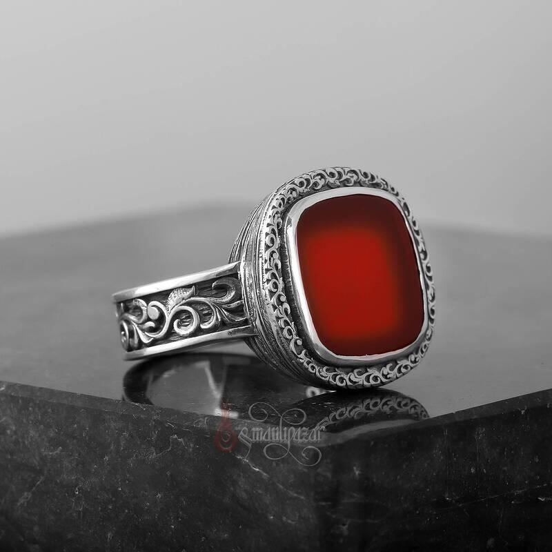 Doğal Akik Taşı Kalem İşçilikli Özel Tasarım Minimal Gümüş Yüzük - 3