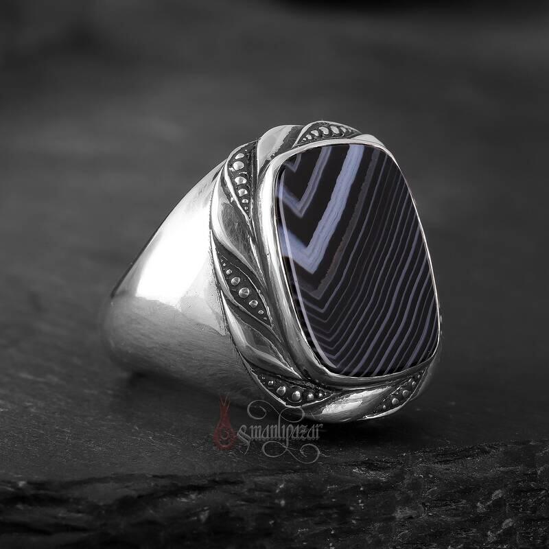 Doğal Çizgili Akik Taşlı Burma Motifi 925 Ayar Gümüş Yüzük - 1