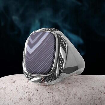 Doğal Çizgili Akik Taşlı Burma Motifi 925 Ayar Gümüş Yüzük - 2