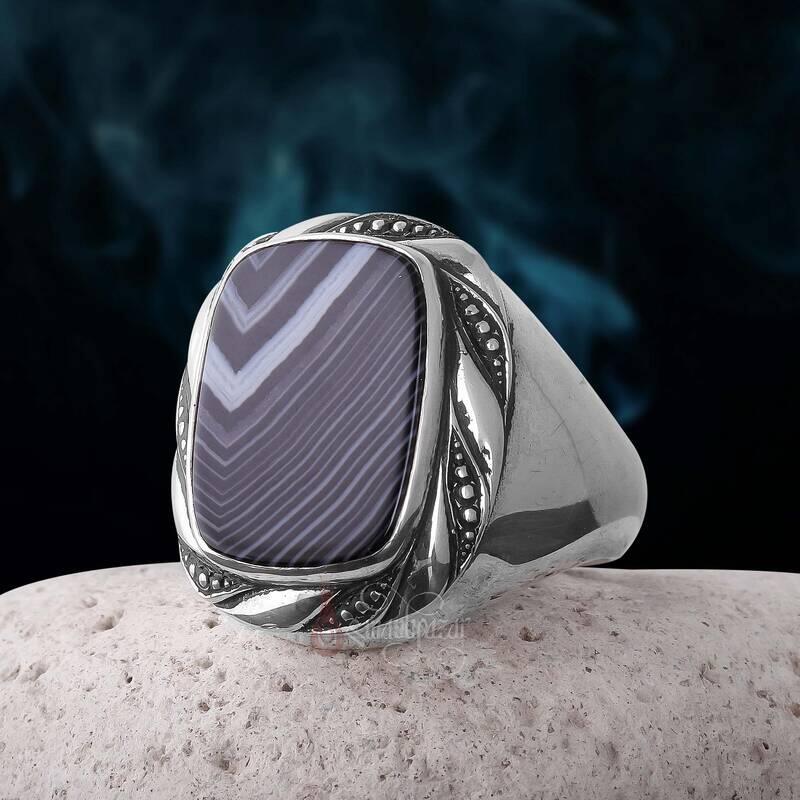 Doğal Çizgili Akik Taşlı Burma Motifi 925 Ayar Gümüş Yüzük - 2