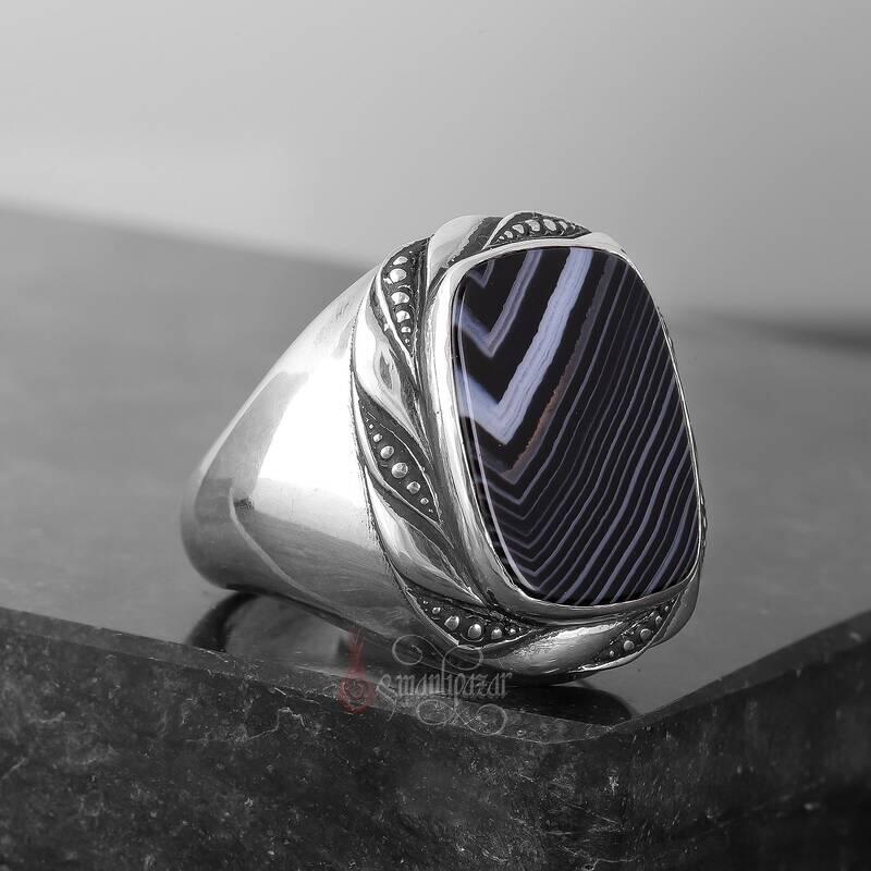 Doğal Çizgili Akik Taşlı Burma Motifi 925 Ayar Gümüş Yüzük - 3