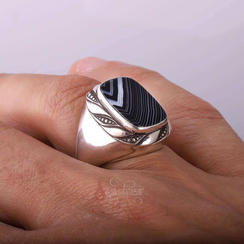 Doğal Çizgili Akik Taşlı Burma Motifi 925 Ayar Gümüş Yüzük - 4